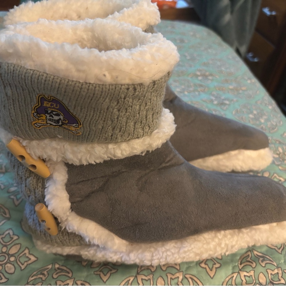 ECU Cozy Gray and White Slipper Boots